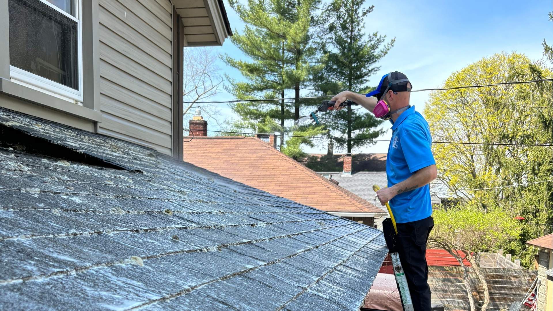 professional standing on ladder cleaning roof
